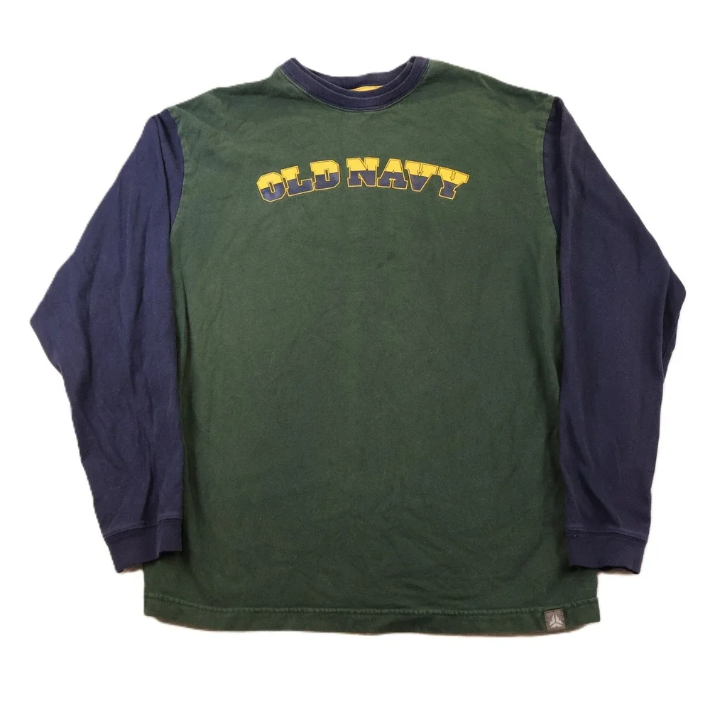 Old Navy Boys XL Long Sleeve T-Shirt Green Navy Colorblock Vintage 2005 Logo